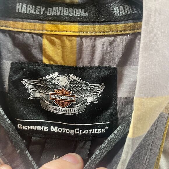 Harley Davidson Shirt Adult Medium Grey Yellow Plaid Dutton Up Casual Mens Patch - Picture 8 of 13